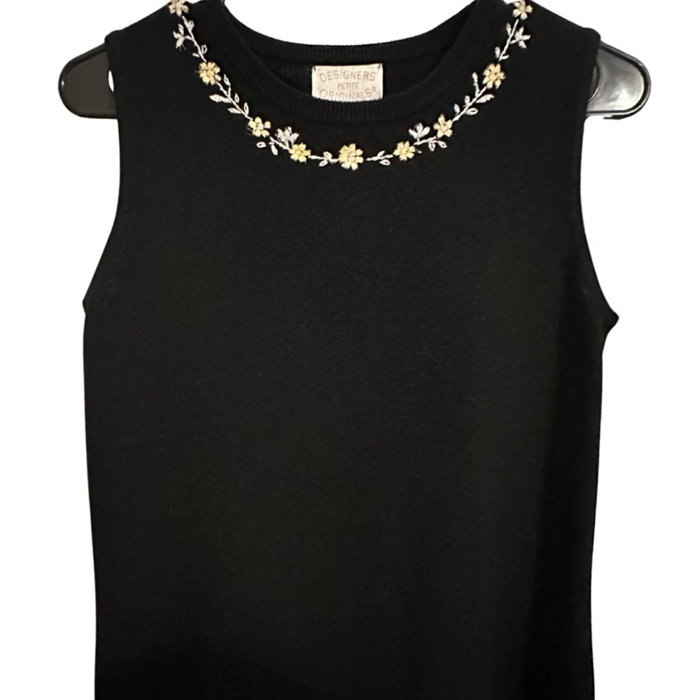 Vintage 90s Designers Originals Petite Black Embroidered Sweater Shell Top Size